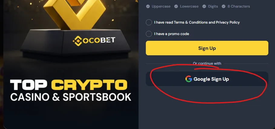 Google Sign Up option on the Cocobet registration form