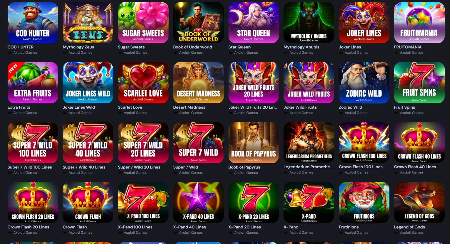 Axolotl Games provider section in the Cocobet lobby