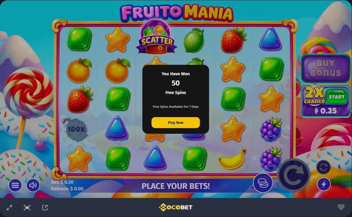 Sweet Bananas slot awarding 50 free spins at Cocobet